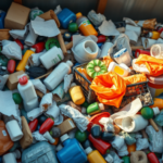 A close-up view of a large pile of colorful plastic waste and trash, including bottles, containers, bags, and packaging, filling a dumpster or recycling bin.